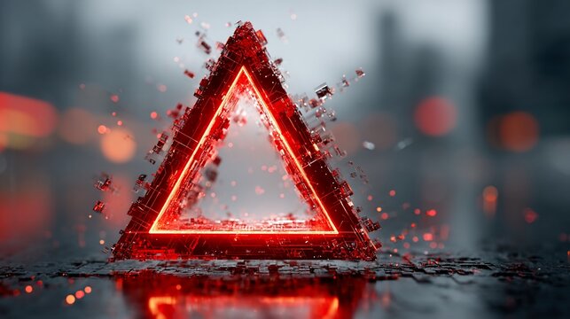 Futuristic red triangle with glowing edges and particle dispersion in a digital world