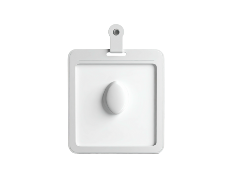 Square white device with oval button, loop, and frame against a stark black background - Powered by Adobe