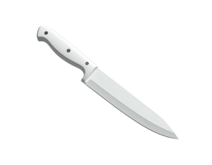 Simple, isolated chef's knife with a white handle, sharp blade
