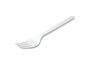 Simple white plastic utensil, a fork, isolated on a dark, black background