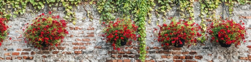 Naklejka premium Floral hanging baskets on a weathered brick wall with lush greenery