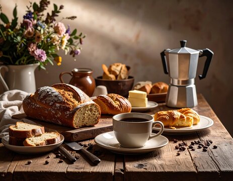 Rustic breakfast spread with fresh bread and coffee - Powered by Adobe