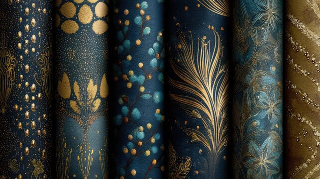 A series of rolls of wallpaper or printed fabric, each roll having a different pattern but using a similar color scheme (dark blue, deep red, gold, beige). Patterns can range from birds on branches, d