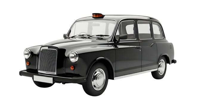 Classic black London taxi cab isolated on white background for travel and transport design