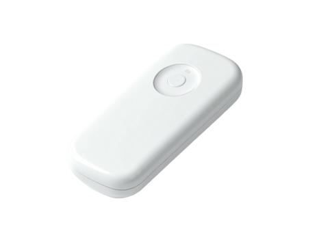 White, rectangular remote control with a single button, isolated on black