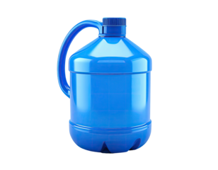 Glossy, blue, plastic jug with handle, round body, screw top, against black