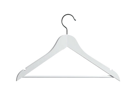 A sleek, white wooden clothes hanger with a silver hook, on a stark black backdrop
