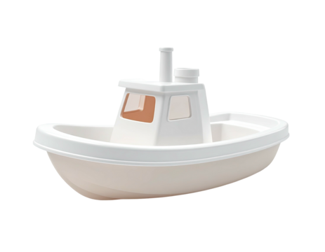 A simple, white toy boat with a cabin, chimney, and rounded hull on black backdrop
