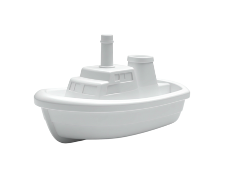 A digitally rendered, white toy tugboat on a black background, smooth plastic finish