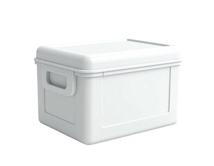 A white, rectangular storage container with a lid and side handles, isolated