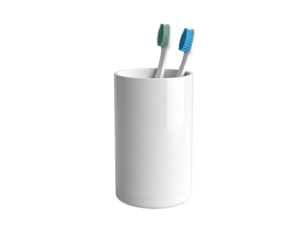 Two toothbrushes stand upright in a white ceramic cup, isolated on black
