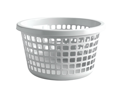 A white, plastic laundry basket with a circular shape and grid-like holes
