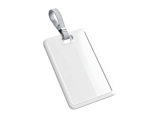 Glossy white luggage tag with silver loop and rounded corners on a black background
