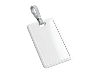 Glossy white luggage tag with silver loop and rounded corners on a black background