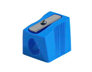 Bright blue plastic pencil sharpener, angled with a silver blade, on black background