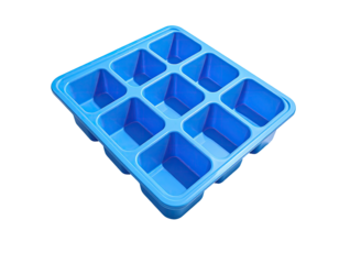 Blue plastic ice cube tray with ten square compartments, viewed at angle