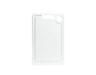 Isolated white rectangular cutting board with rounded corners and a handle
