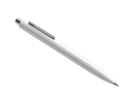 Sleek white pen with metallic clip and tip against a black background