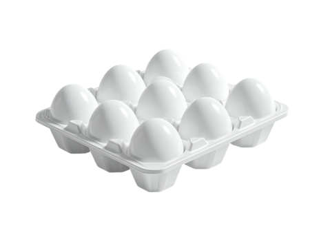Close-up of a full carton containing ten white eggs, isolated on black