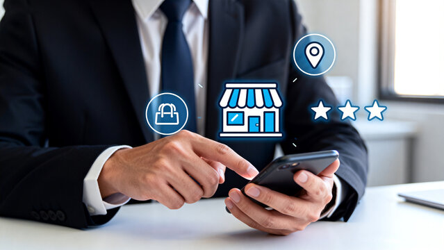 Businessman using smartphone with digital icons