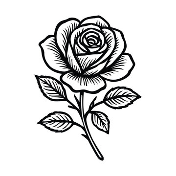 Rose flower illustration, Floral design in black and white with petals and leaves and transparent background
