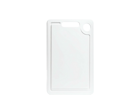 Isolated white rectangular cutting board with rounded corners and a handle