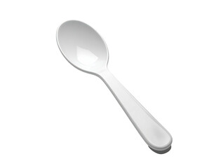 Realistic close-up of a white plastic spoon against a stark black background