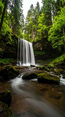 Lush Waterfall Cascading Through Forest with Silken Water