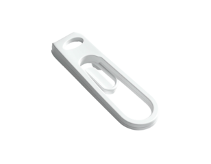 White plastic component with a loop and hole, possibly part of a larger device