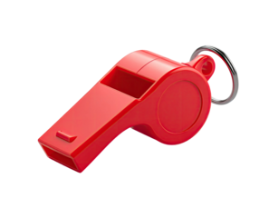 Shiny, bright red whistle with a metal ring, isolated on black background