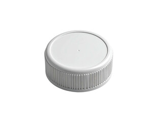 A close-up, isometric view of a white plastic bottle cap, lit on a black backdrop