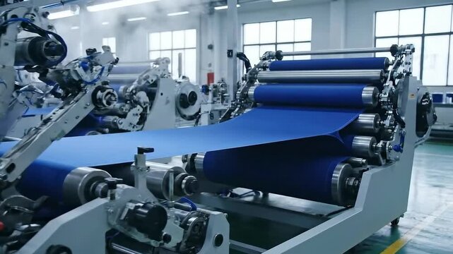 Blue Fabric Weaving Through Automated Textile Machinery in Bright Factory Interior Weaving Process with High Tech Equipment Production for Industrial Manufacturing Plant