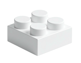 A white, square plastic construction brick with four top studs, isolated on black
