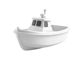 A 3D rendering of a small, white boat against a black background