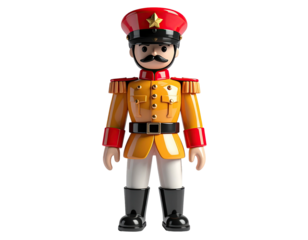 Cartoon soldier in colorful uniform, mustache, tall hat with red star, standing