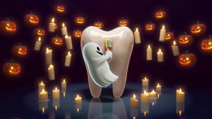 Friendly ghost brushing giant tooth with halloween lanterns around, concept of hygiene and fantasy prevention