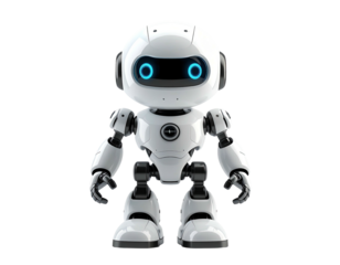 A cute, white cartoon robot with bright blue eyes, on a transparent background