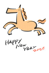 墨絵の走る馬のおしゃれな和モダン年賀状　2026レタリング