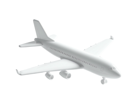 A white, 3D-rendered passenger jet, isolated on black, angled upward