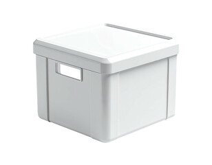 Square white plastic storage box with lid and rectangular handle cutouts