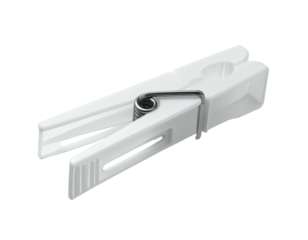 White plastic clothes peg with metal spring open on black