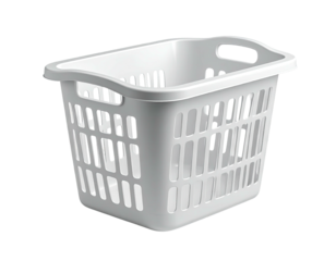 A white plastic laundry basket with a rectangular shape and cut-out handles