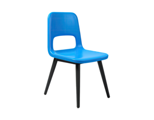 A glossy blue plastic chair with black legs, against a black background
