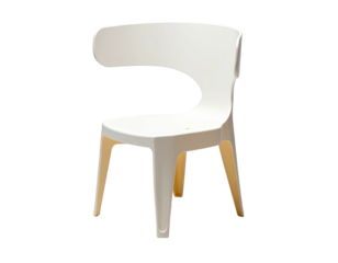 A simple, white plastic chair with a unique cutout design, angled view
