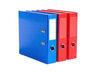 Stacked vibrant blue and red binders with blank label space, isolated