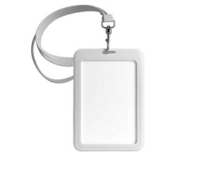 A blank, vertical rectangular ID badge with a lanyard and a clasp