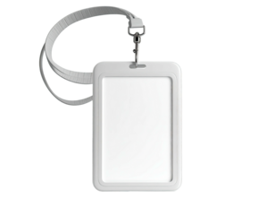 A blank, vertical rectangular ID badge with a lanyard and a clasp