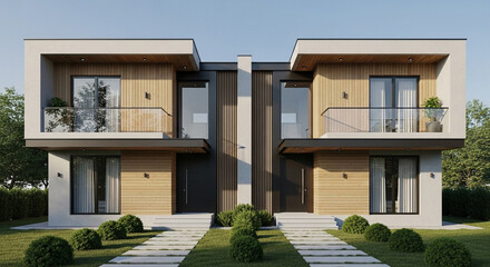 Contemporary duplex house exterior with wooden facade and balcony, showcasing modern architecture and design for residential living and real estate investment
