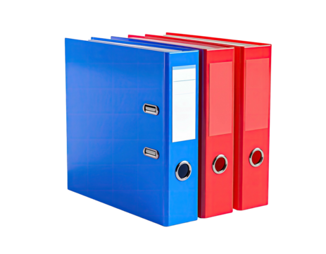 Stacked vibrant blue and red binders with blank label space, isolated
