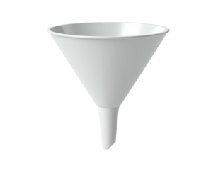 A white plastic cone-shaped funnel against a black background